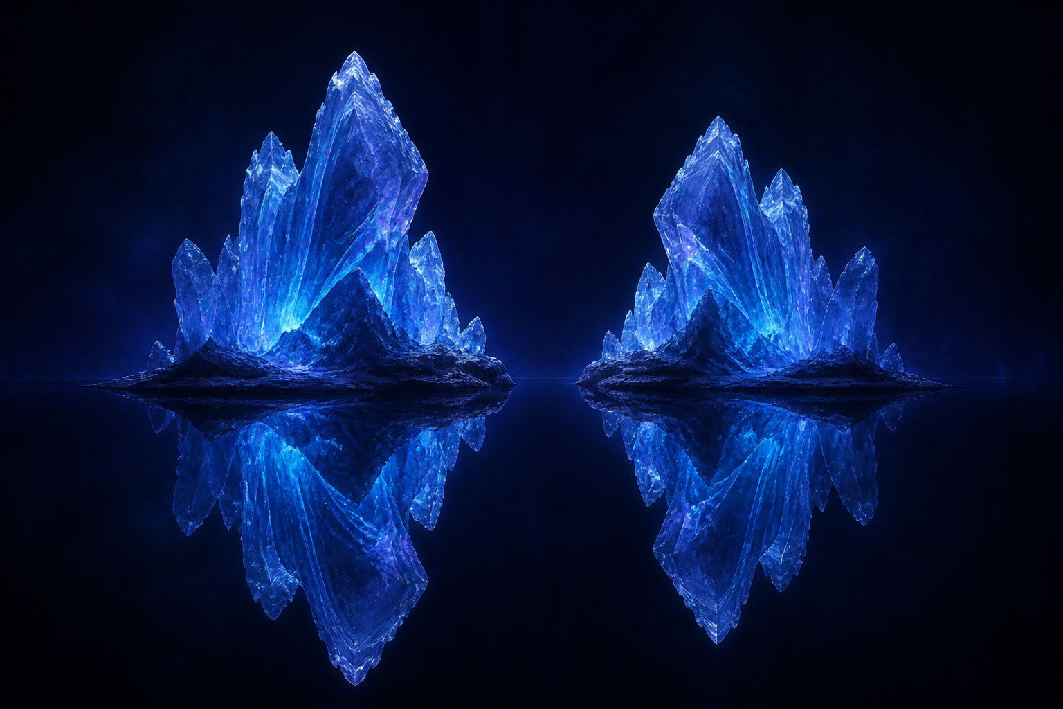 Two crystalline structures one level apart, grown separately, mirroring each other exactly across still water