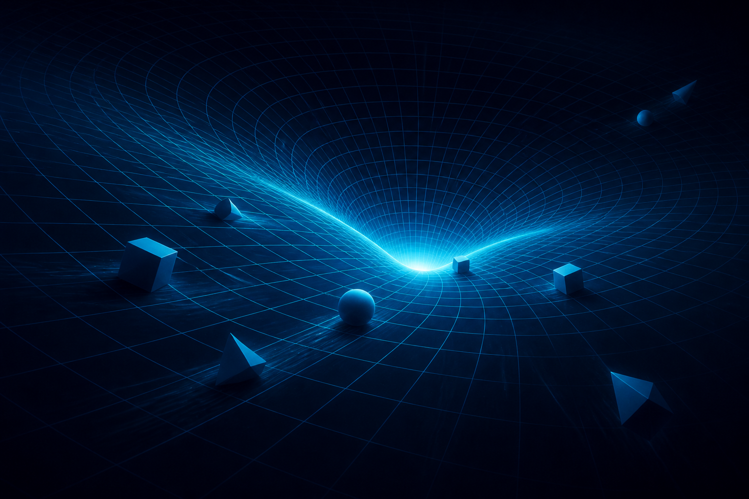 A curved field instead of a flat board: pieces roll along the geometry toward the one convergence point — degenerate moves find no footing