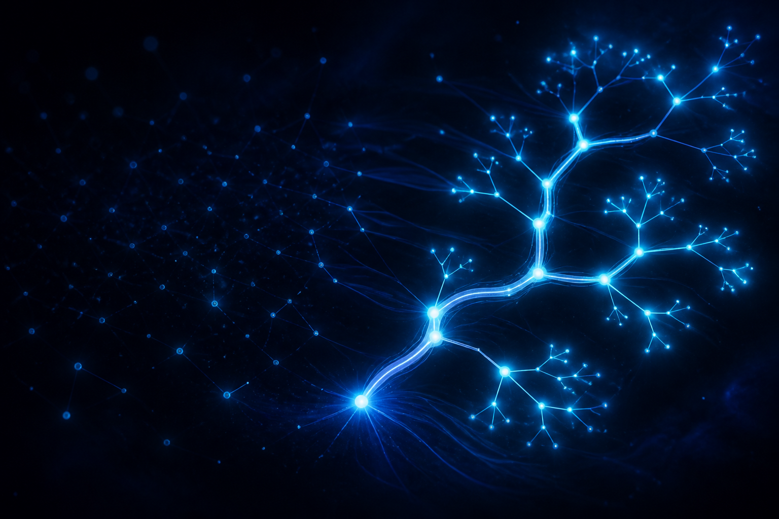 The confiscated graph: severed references drifting as dim, flat, isolated points — and the same nodes re-linked into one coherent structure, the path from root to leaf lit end to end