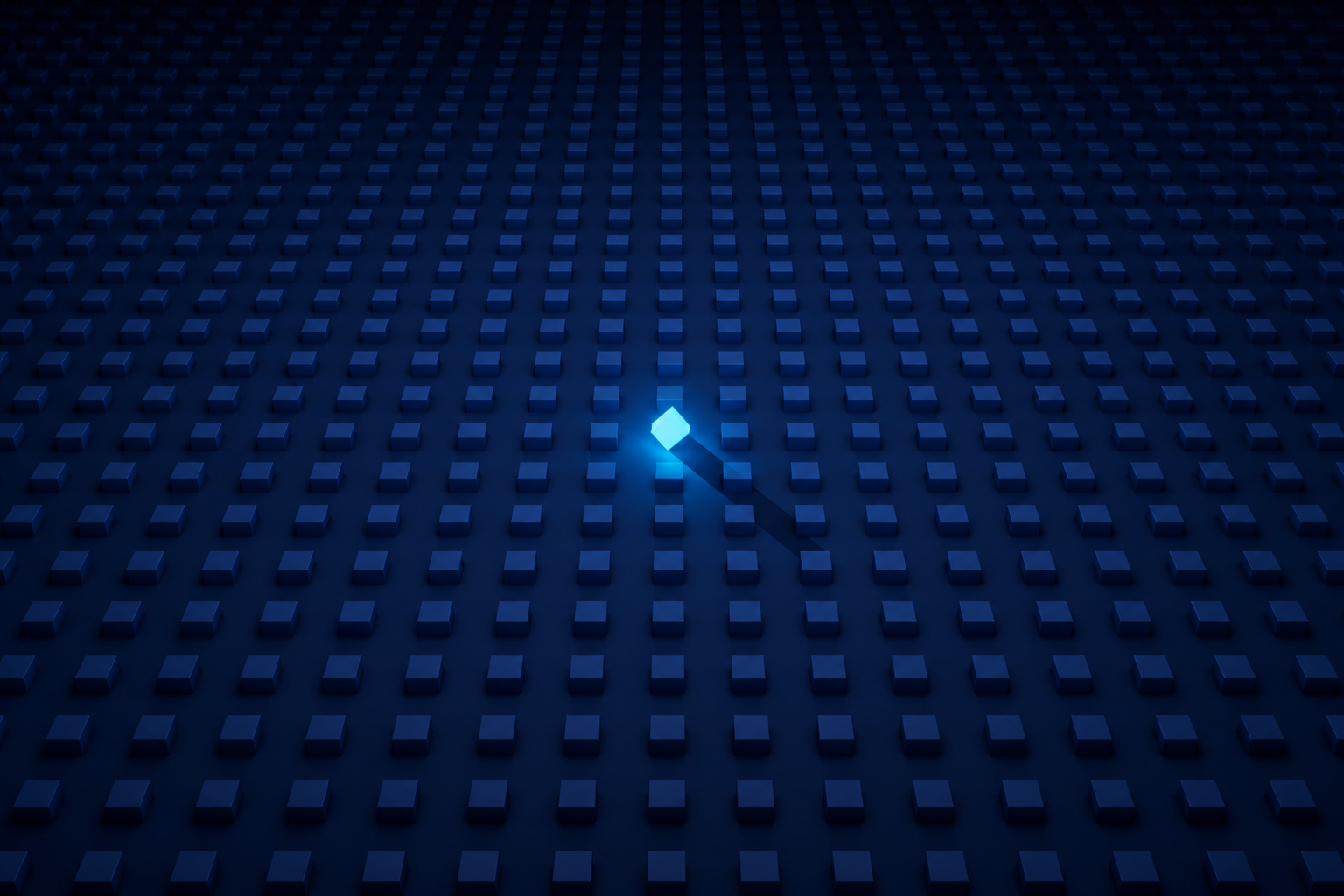 Hundreds of identical forms at the same low intensity — the one misaligned form flares, the only shadow in the field